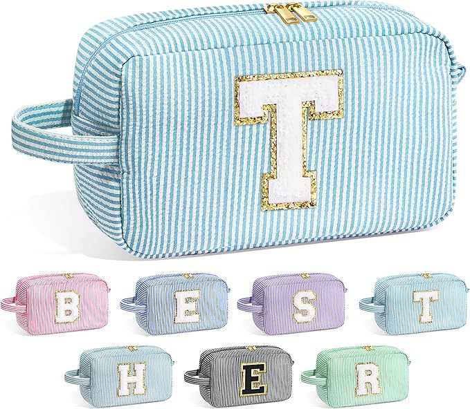 YOOLIFE Cosmetic Bag, Initial Makeup Bag for Women Girls - Personalized Gifts for Women Girls, Travel Makeup Bag, Cosmetic Bag, Blue T