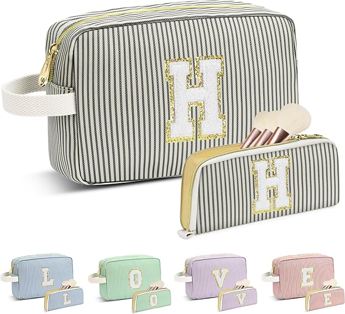 Travel Makeup Bag Christmas Gifts for Women Girl Teens, Personalized Initial Makeup Bag for Cute Teen Girls, Preppy Stuff Toiletry Bag Cosmetic Bag, Teen Girls Gift Trendy Stuff, Letter H