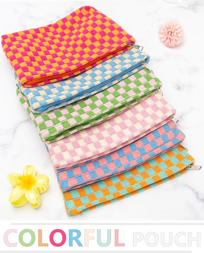 PAZIMIIK Knitted Checkered Makeup Bag Large Zipper Make Up Accessory Pouch for Purse Cosmetic Brush Bag for Travel Red Blue