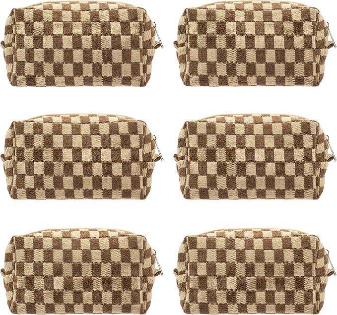 PAZIMIIK Checkered Makeup Bag for Purse Portable Zipper Make Up Pouch Small Cosmetic Case for Travel Accessories (6PCS Coffee)