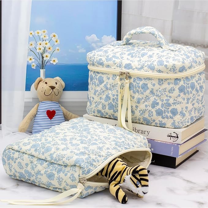 PAZIMIIK Cotton Makeup Bag for Women Large Quilted Travel Cosmetic Case Girls' Make Up Organizer,Little Flower Blue