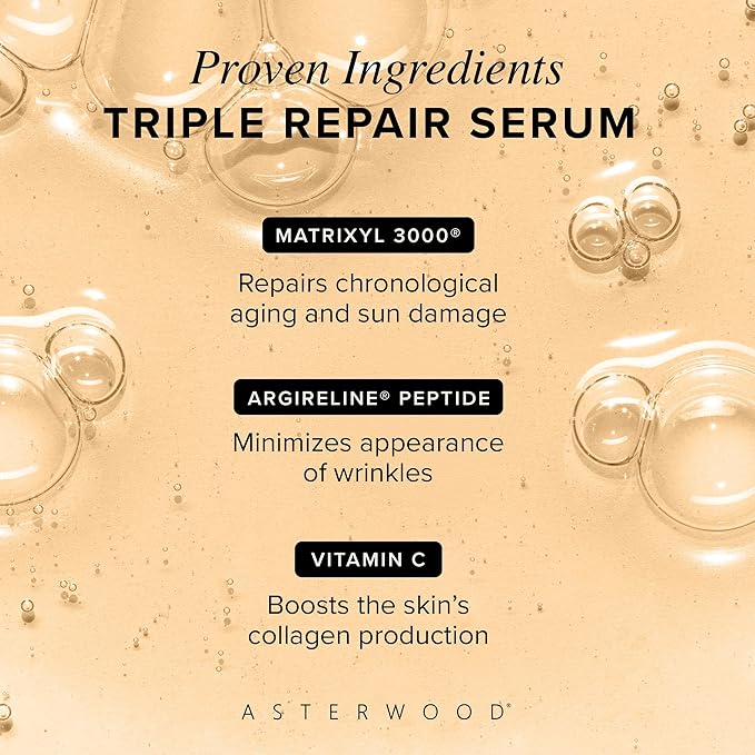 Asterwood Triple Repair Matrixyl 3000 + Argireline + Hyaluronic Acid + Vitamin C Serum for Face - Anti-Aging, Collagen Boosting, Hydrating - Fragrance-Free - 8 Fl Oz