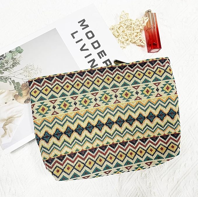 2 Pcs Makeup Bags, Large Cosmetic Bag Travel Toiletry Bag Organizer for Women, Embroidery Craft, Stripe Makeup Bag Small Cosmetic Pouch Purse with Zipper Gifts for Girls Teen
