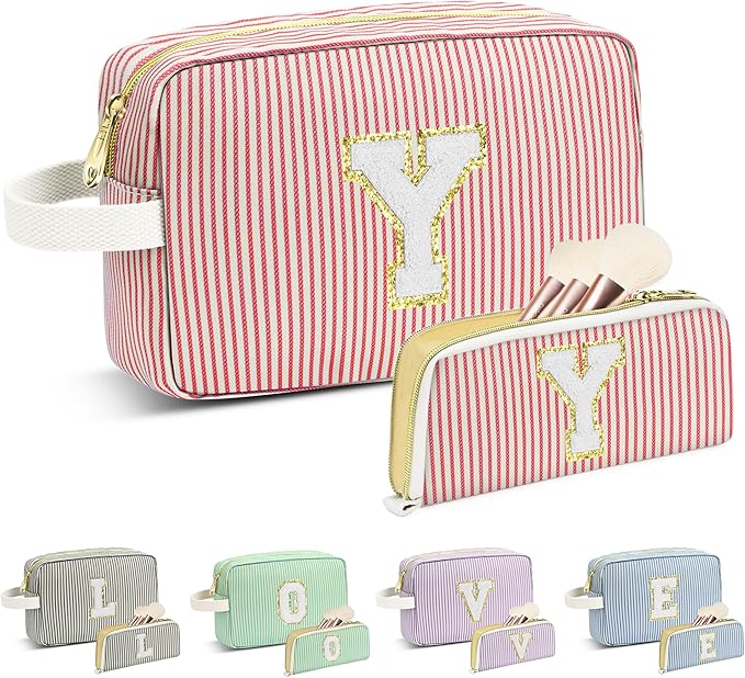 Travel Makeup Bag Christmas Gifts for Women Girl Teens, Personalized Initial Makeup Bag for Cute Teen Girls, Preppy Stuff Toiletry Bag Cosmetic Bag, Teen Girls Gift Trendy Stuff, Letter Y
