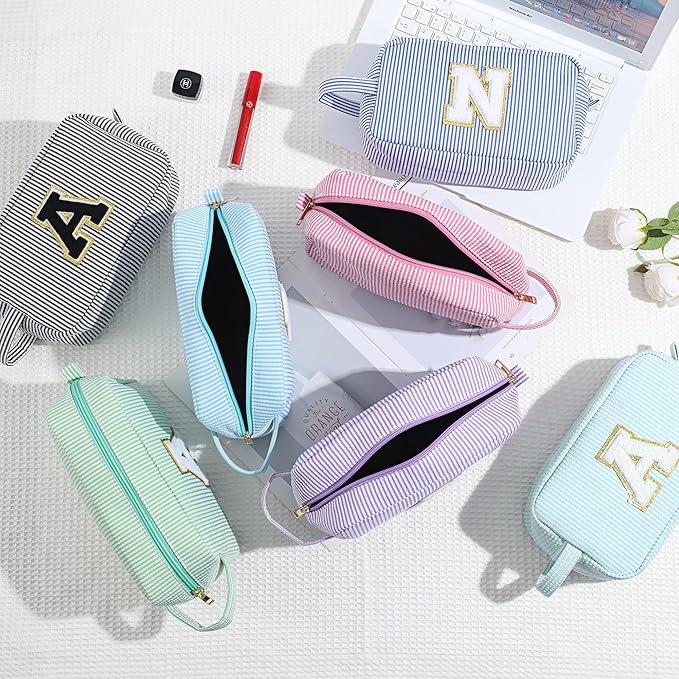 YOOLIFE Travel Cosmetic Bag - Monogram Cute Initial Pink Makeup Bag Toiletry Pouch Make-Up Case, Personalized Birthday Gifts for Best Friend, Sister, Teacher