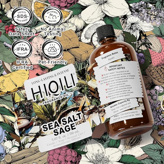 HIQILI Sea Salt Sage Fragrance Oil for Diffuser Use, Candle Making Scents, Soap Making Supplies, Car/Hotel Collection Diffuser Oil - 5.07 Fl Oz