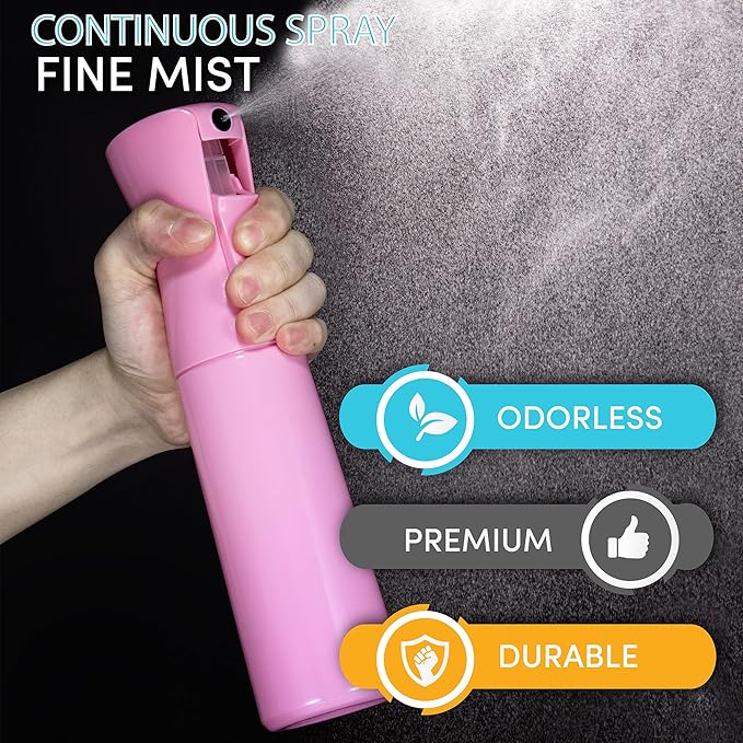 Hula Home Continuous Spray Bottle for Hair (10.1oz/300ml) Empty Ultra Fine Plastic Water Mist Sprayer – For Hairstyling, Cleaning, Salons, Plants, Essential Oil Scents & More - Pink