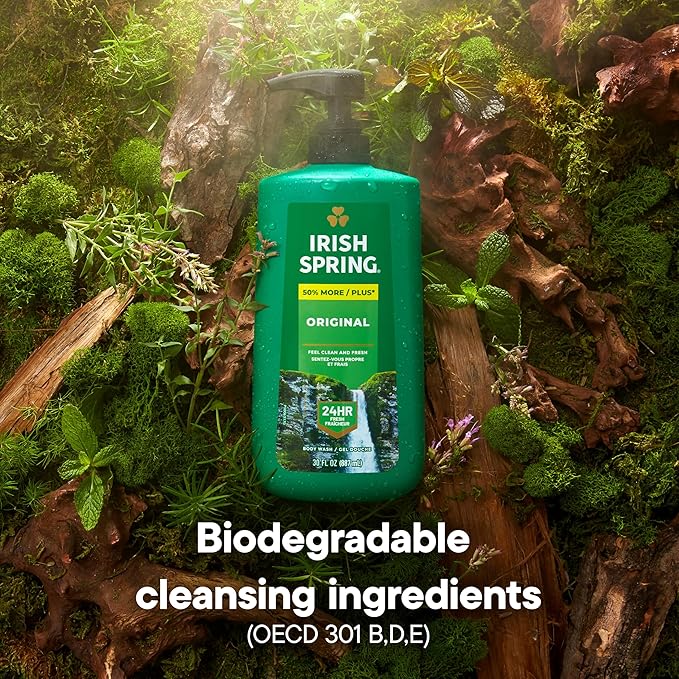 Irish Spring Original Moisturizing Body Wash for Men, 24-Hour Fresh, Face and Body Wash, Biodegradable Ingredients, Paraben Free, Cool Fresh Scent, 30 fl oz Pump Bottle