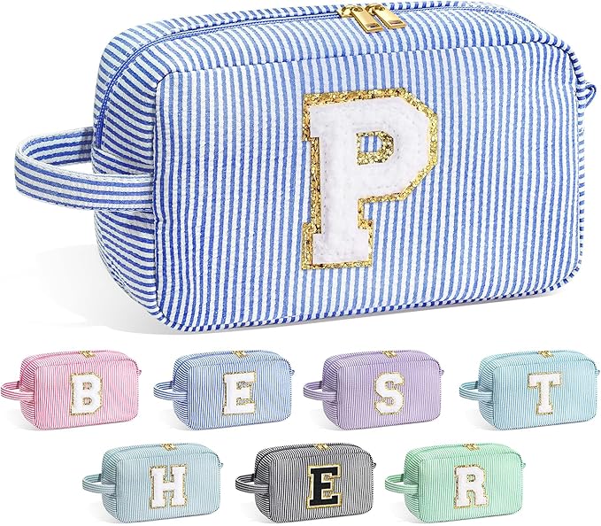 YOOLIFE Initial Cosmetic Bag for Women - Monogram Cute Blue Makeup Bags Toiletry Pouch Make Up Case for Women Her Best Friend Friendship Sister Teacher, Personalized Birthday Gifts for Women P