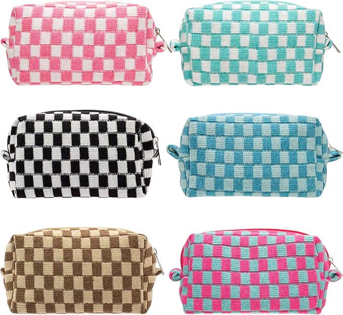PAZIMIIK Checkered Makeup Bag for Purse Portable Zipper Make Up Pouch Small Cosmetic Case for Travel Accessories (6PCS Mix Color)