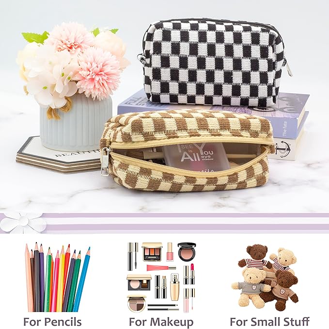 PAZIMIIK Checkered Makeup Bag for Purse Portable Zipper Make Up Pouch Small Cosmetic Case for Travel Accessories (2PCS Black Coffee)