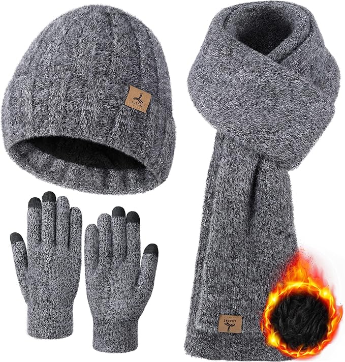 Winter Beanie Hat Scarf Gloves, Warm Fleece Knit Hat Long Scarf Neck Warmer Touch Screen Winter Gloves Set Gifts for Women