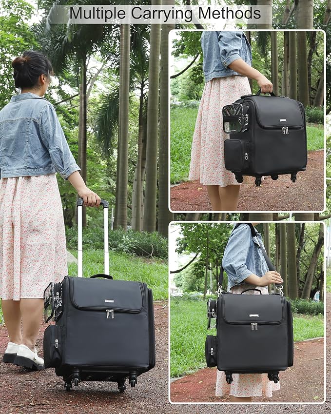 Relavel Rolling Makeup Train Case, Hairstylist Traveling Bag with 4 Wheels, Heat Insulation Full Layer, Adjustable Dividers, Hair Tools and Cosmetics Storage Organizer Trolley Suitcase Makeup Cart