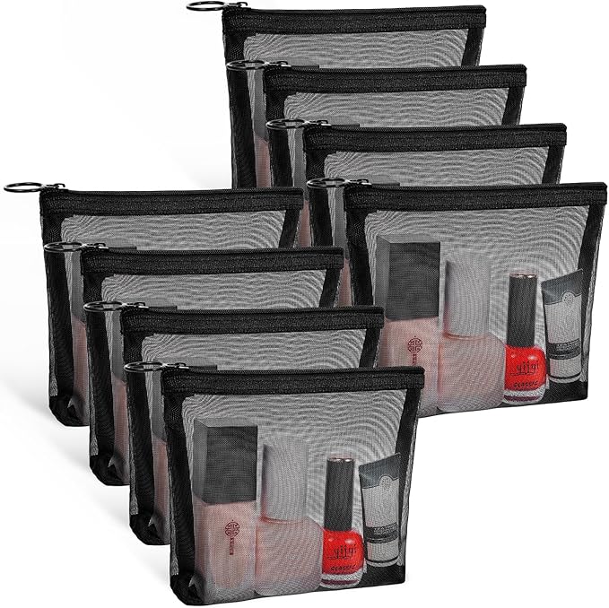 8 Pack Mini Zipper Mesh Makeup Bags, Nylon Cosmetic Bags Toiletry Purse Travel Organizer Bags Inside Bag for Office Travel Organization (Widened-Black, S)