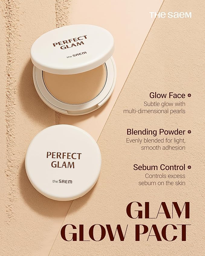 THESAEM Glam Glow Pact - Illuminating Pressed Powder for Oily & Combo Skin - Matte Finish with Radiant Finish - Sebum Control Pore Refining Pact with Natural Luminous Glow, 0.3oz.