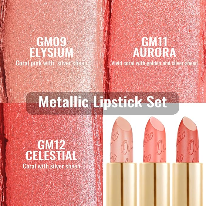 Oulac Metallic Coral Lipstick Set 3PCS High Impact Lipcolor with Moisturizing Formula, Vegan Beauty, Full-Coverage Lip Color, Gift Lipstick for Women, 4.3g X 3PCS, GM09+GM11+GM12