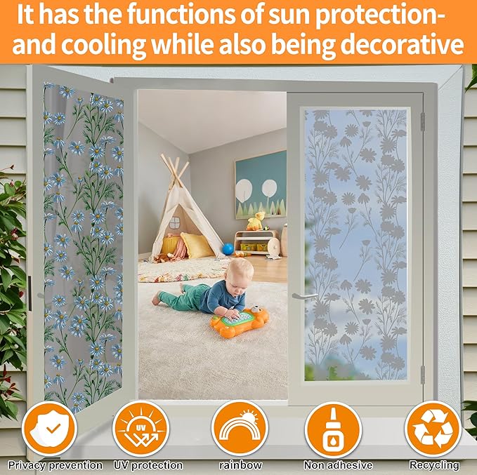 One Way Privacy Film, Window Tint for Home,Daytime Reflective, Anti UV Static Cling Sliding Door Coverings No Glue Garage Solar Paper (Black - Silver-Daisy, 45.27 x 157.4 in)