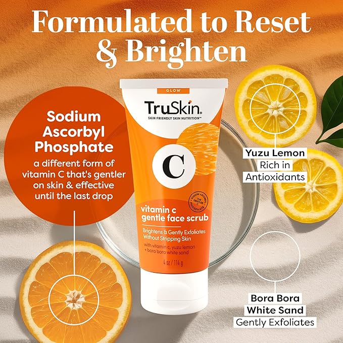 TruSkin Vitamin C Gentle Face Scrub - Brightening Daily Face Exfoliator for All Skin Types - Softens & Smooths Skin with Vitamin C, Yuzu Lemon, and Exfoliating Bora Bora White Sand - 4 Fl. Oz