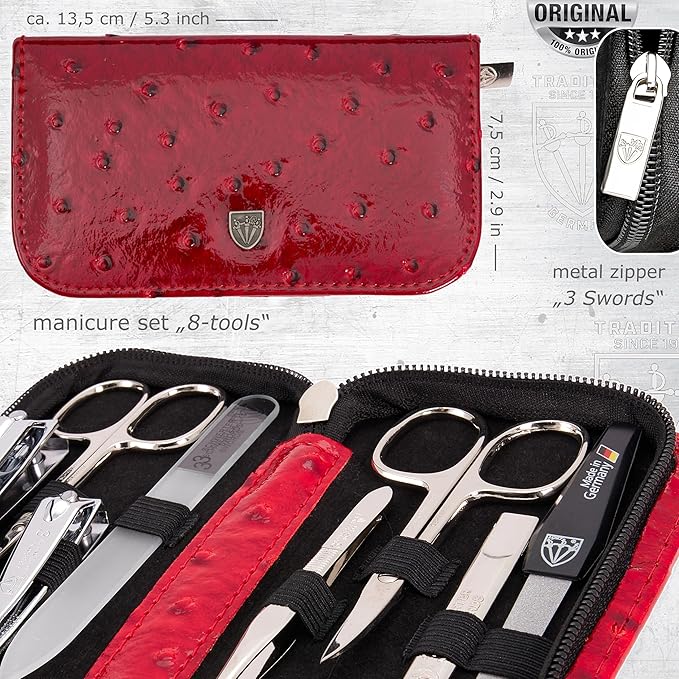 3 Swords Germany - brand quality 8 piece manicure pedicure grooming kit set synthetic leather case red ostrich - Made in Germany