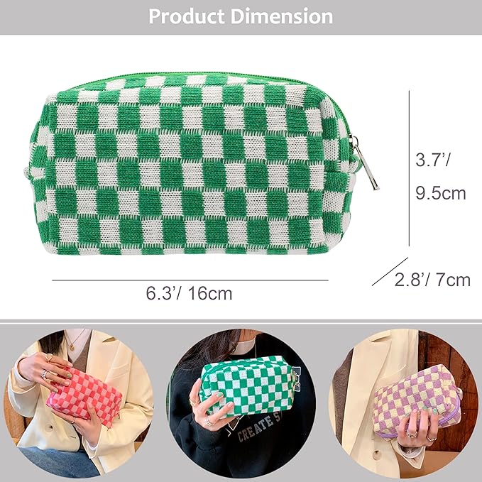 PAZIMIIK Checkered Makeup Bag for Purse Portable Zipper Make Up Pouch Small Cosmetic Case for Travel Accessories (2PCS Black Green)