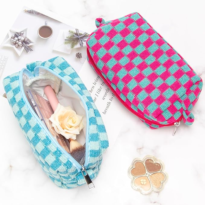 PAZIMIIK Checkered Makeup Bag for Purse Portable Zipper Make Up Pouch Small Cosmetic Case for Travel Accessories Lake Blue