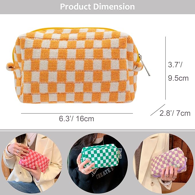 PAZIMIIK Checkered Makeup Bag for Purse Portable Zipper Make Up Pouch Small Cosmetic Case for Travel Accessories (6PCS Orange)