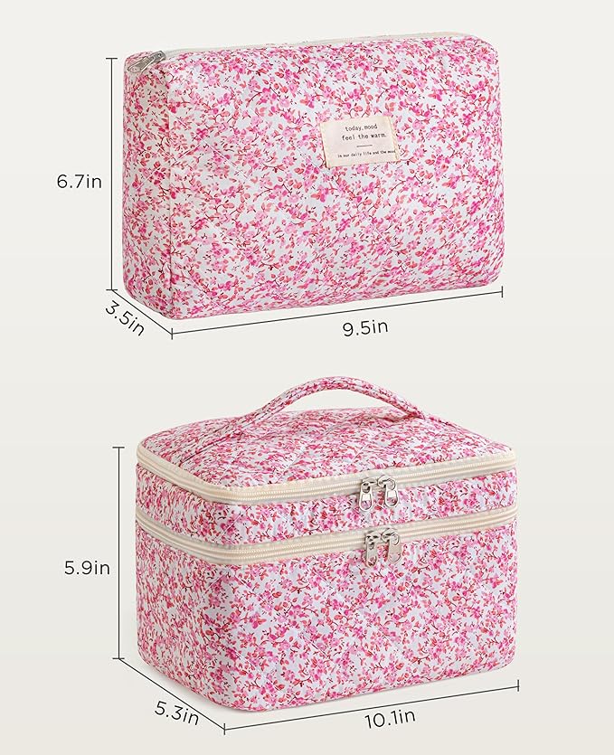 HBselect 2Pcs Travel Makeup Bag, Large Cotton Quilted Makeup Bag Cosmetic Bag Cute Make up Bag Toiletry Bags for Women Girls