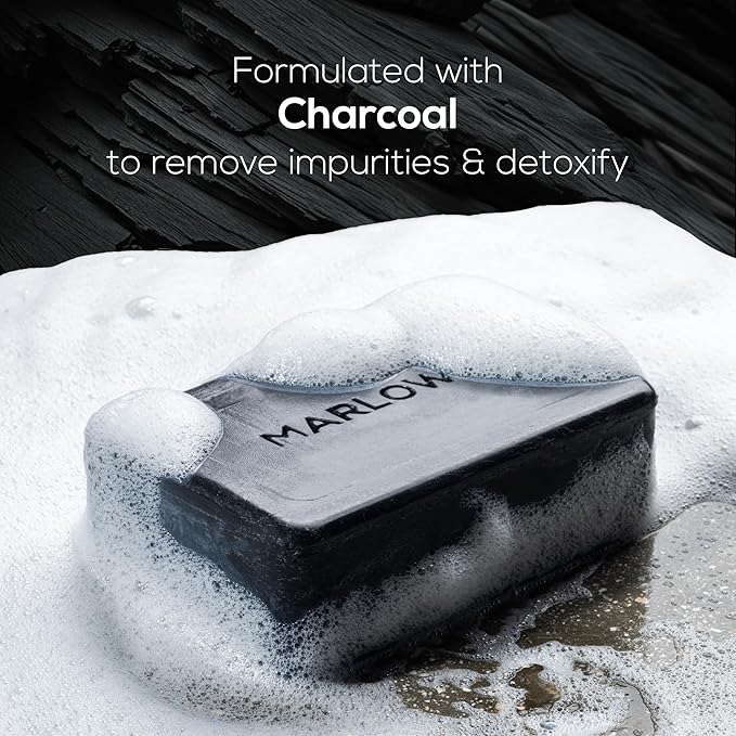 MARLOWE. No. 106 Charcoal Soap 7 oz (3 Bars) Body Bar Soap for Men, Cleansing, Purifying & Hydrating with Natural Extracts, Shea Butter, Olive Oil & Green Tea Extracts, Fresh Woodsy Scent