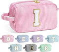 YOOLIFE Initial Cosmetic Bag for Women - Monogram Cute Pink Makeup Bag Cosmetic Toiletry Pouch Make Up Case for Women Her Best Friend Friendship Sister Teacher, Personalized Birthday Gifts for Women I