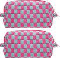 PAZIMIIK Checkered Makeup Bag for Purse Portable Zipper Make Up Pouch Small Cosmetic Case for Travel Accessories (2PCS Magenta Green)