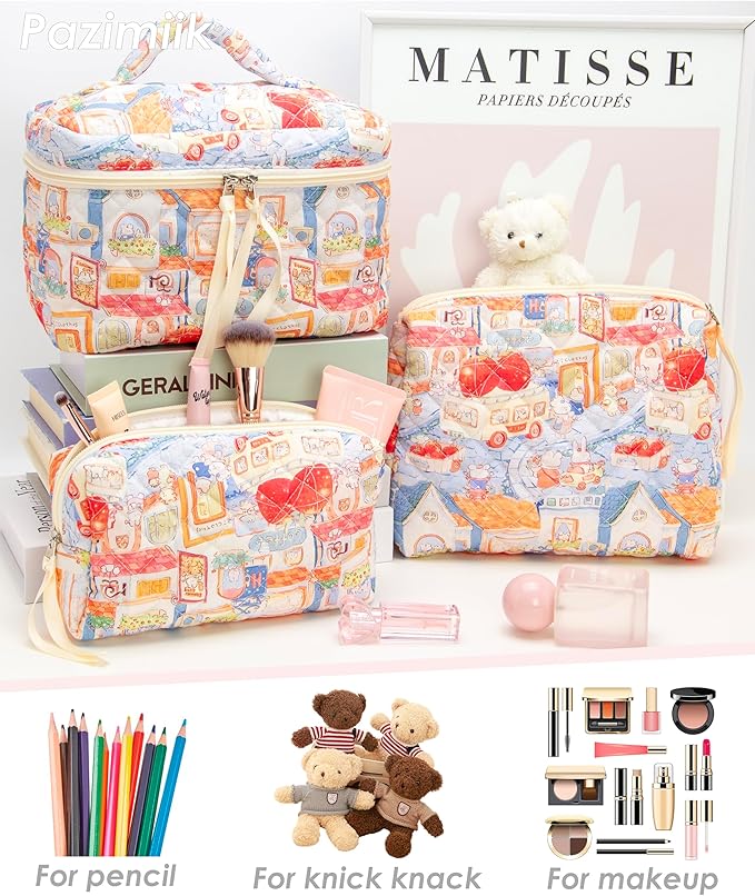 PAZIMIIK 3PCS Makeup Bag SET Large Travel Quilted Zipper Soft Cosmetic Case Pouch for Women Girls Make Up,Little Bunny
