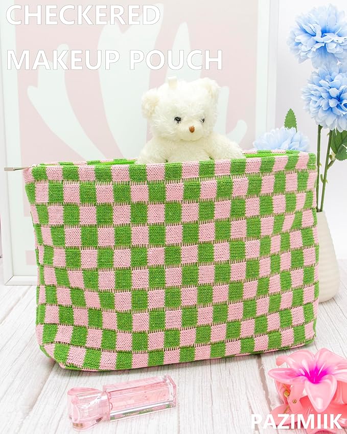 PAZIMIIK Knitted Checkered Makeup Bag Large Zipper Make Up Accessory Pouch for Purse Cosmetic Brush Bag for Travel Essential Pink Green