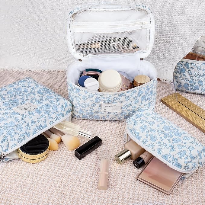 3pc Makeup Bag Set, Quilted Makeup Bag Set, Large Floral Cosmetic Bag for Women, Cute Cotton Makeup Bags, Flower Travel Toiletry Organizer Bag (Heart Shape)