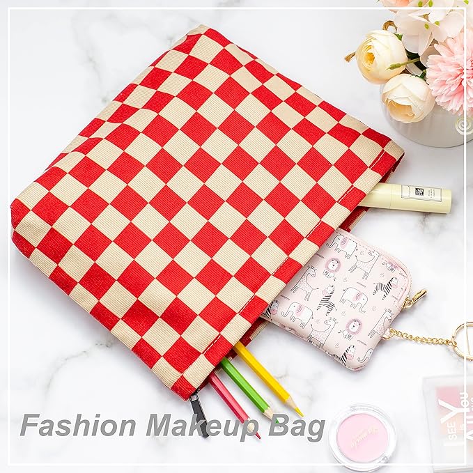 PAZIMIIK Makeup Bag Large Zipper Corduroy Make Up Pouch for Purse Travel Canvas Cosmetic Organizer for Women Brush Storage,Checkered Red