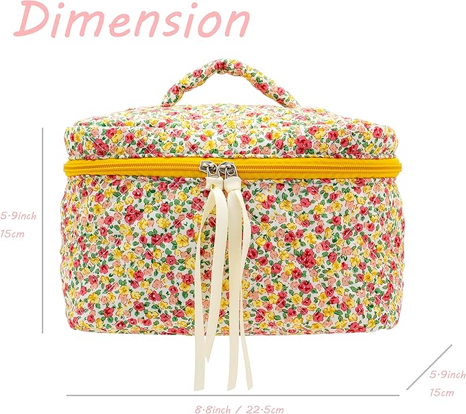 PAZIMIIK Quilted Makeup Bag Large Travel Zipper Soft Cosmetic Case for Women Girls Make Up,Little Flower