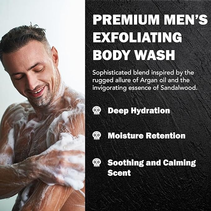 Mens Face and Body Wash with Sandalwood & Argan Oil, 32 Fl Oz Exfoliating Liquid Soap with All Natural Ingredients, Vegan, Sulfate Free, and Cruelty Free Body Scrub