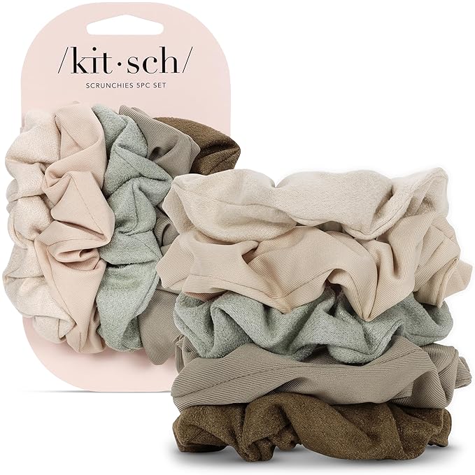 Kitsch Scrunchies for Women - No Crease Hair Ties for Girls | Scrunchies For All Hair Types and Textures, Perfect for Day or Night | Ideal Gifts for Women - Moss Green, 5 Pcs