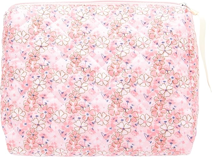 PAZIMIIK Quilted Makeup Bag Large Travel Zipper Soft Cosmetic Pouch for Women Girls Make Up,Pink Flower