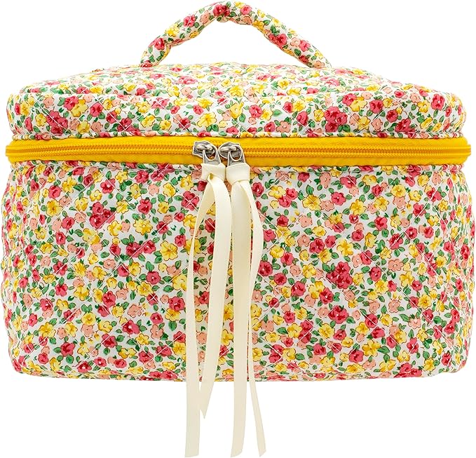 PAZIMIIK Quilted Makeup Bag Large Travel Zipper Soft Cosmetic Case for Women Girls Make Up,Little Flower