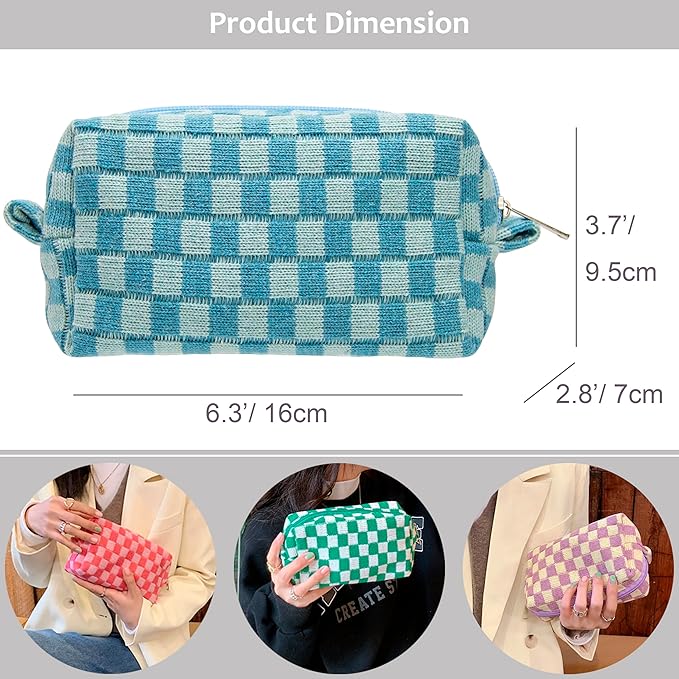 PAZIMIIK Checkered Makeup Bag for Purse Portable Zipper Make Up Pouch Small Cosmetic Case for Travel Accessories (2PCS Lake Blue)