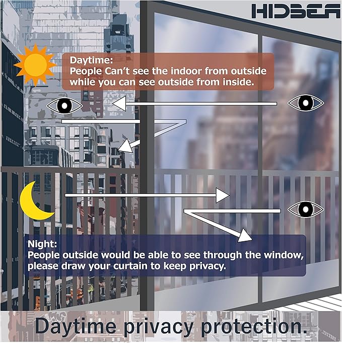 HIDBEA One Way Window Film, Daytime Privacy Sun Blocking Reflective Window Film No Glue Static Cling Heat Control Window Tinting Film for Home and Office, Black Silver, 35.4 x 393.7 Inch