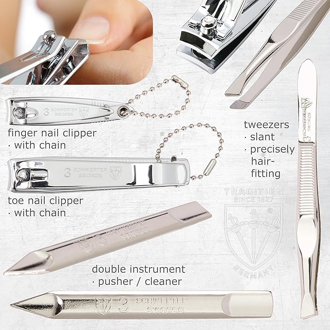 3 Swords Germany - brand quality 8 piece manicure pedicure grooming kit set for professional finger & toe nail care scissors clipper fashion leather case in gift box, Made in Solingen Germany (22009)