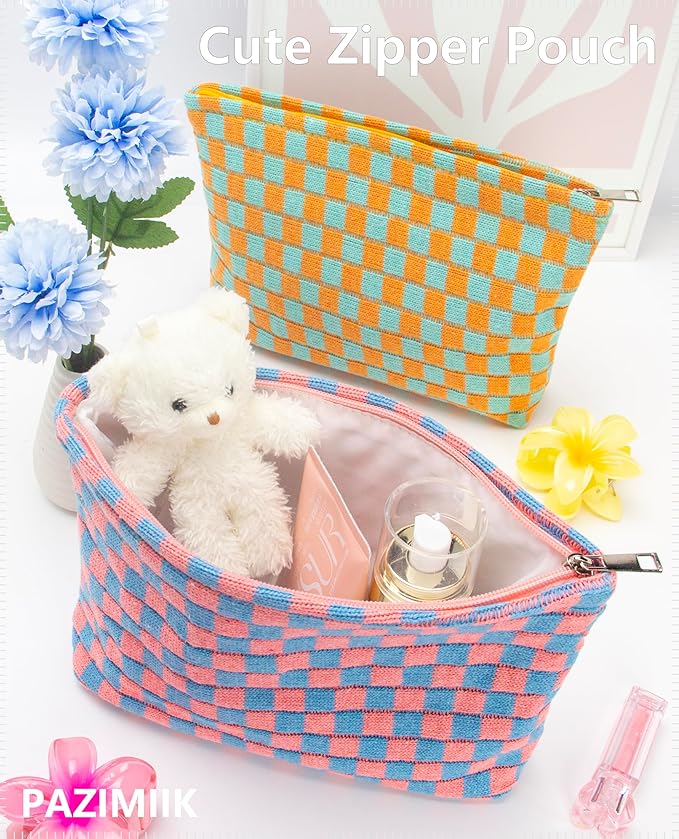 PAZIMIIK Knitted Checkered Makeup Bag Large Zipper Make Up Accessory Pouch for Purse Cosmetic Brush Bag for Travel Red Blue
