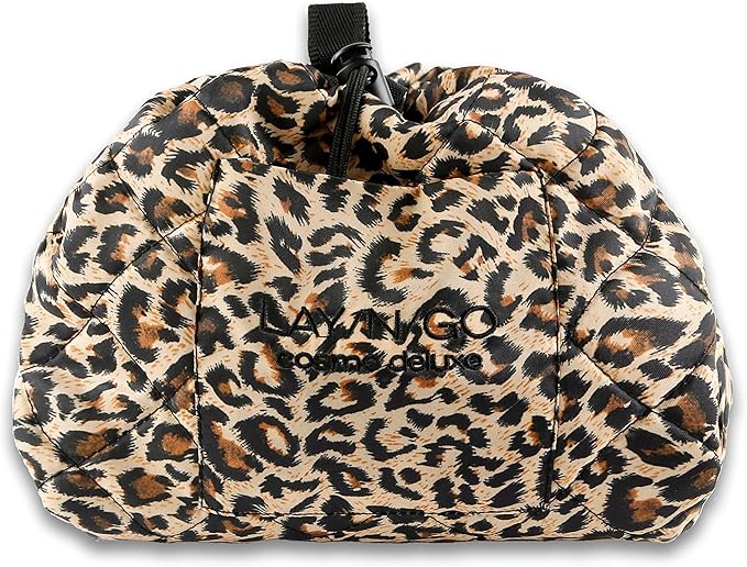 Lay-n-Go Cosmo Layflat Drawstring Cosmetic & Makeup Bag Organizer w/Zipper Pocket, Brush Loops & More, Cinch to Close, Lay Flat to Use, Durable, Machine Wash, Travel Toiletry Bag (22", Leopard)