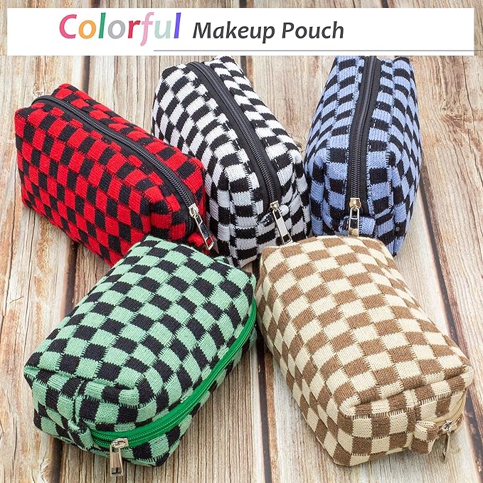 PAZIMIIK Checkered Makeup Bag for Purse Portable Zipper Make Up Pouch Small Cosmetic Case for Travel Accessories (Green Black)