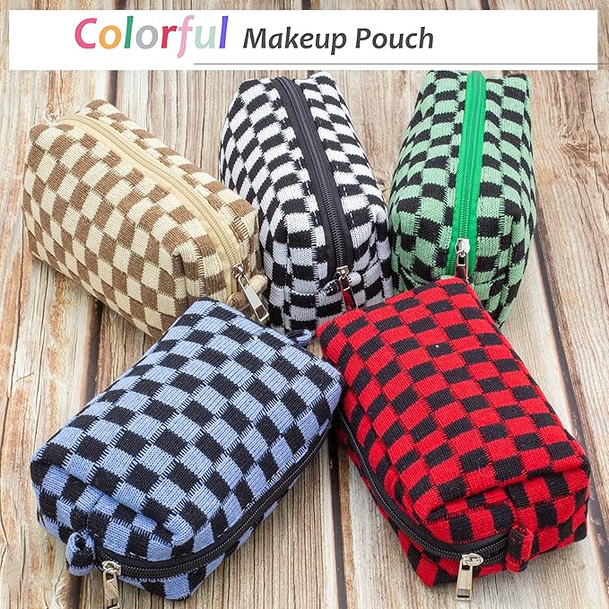 PAZIMIIK Checkered Makeup Bag for Purse Portable Zipper Make Up Pouch Small Cosmetic Case for Travel Accessories (Red Black)