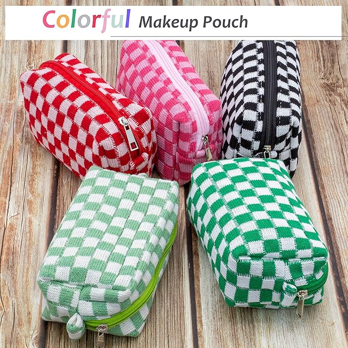 PAZIMIIK Checkered Makeup Bag for Purse Portable Zipper Make Up Pouch Small Cosmetic Case for Travel Accessories (2PCS Light Green)