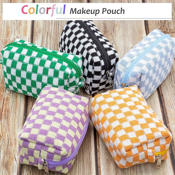 PAZIMIIK Checkered Makeup Bag for Purse Portable Zipper Make Up Pouch Small Cosmetic Case for Travel Accessories (6PCS Orange)