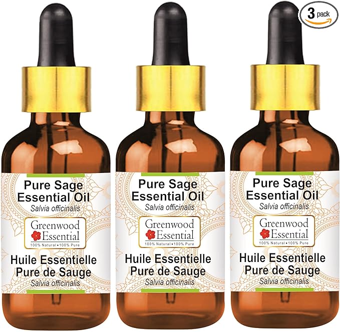 Greenwood Essential Pure Sage Essential Oil (Salvia officinalis) with Glass Dropper Steam Distilled (Pack of Three) 100ml X 3 (10.1oz)